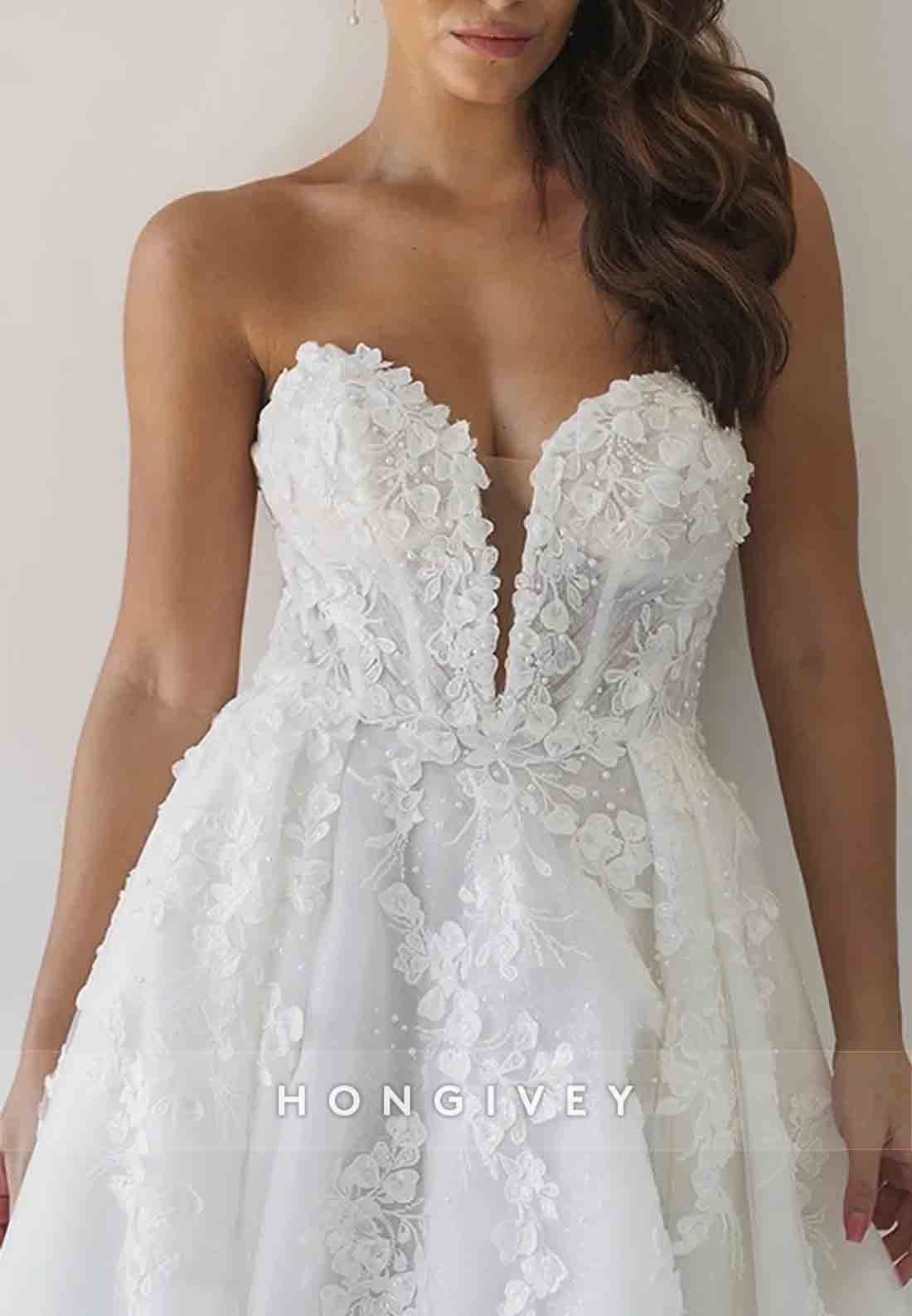 Sweetheart Strapless A-Line Appliqued Pearls Tulle Sweep Train Wedding Dresses