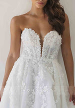 Sweetheart Strapless A-Line Appliqued Pearls Tulle Sweep Train Wedding Dresses