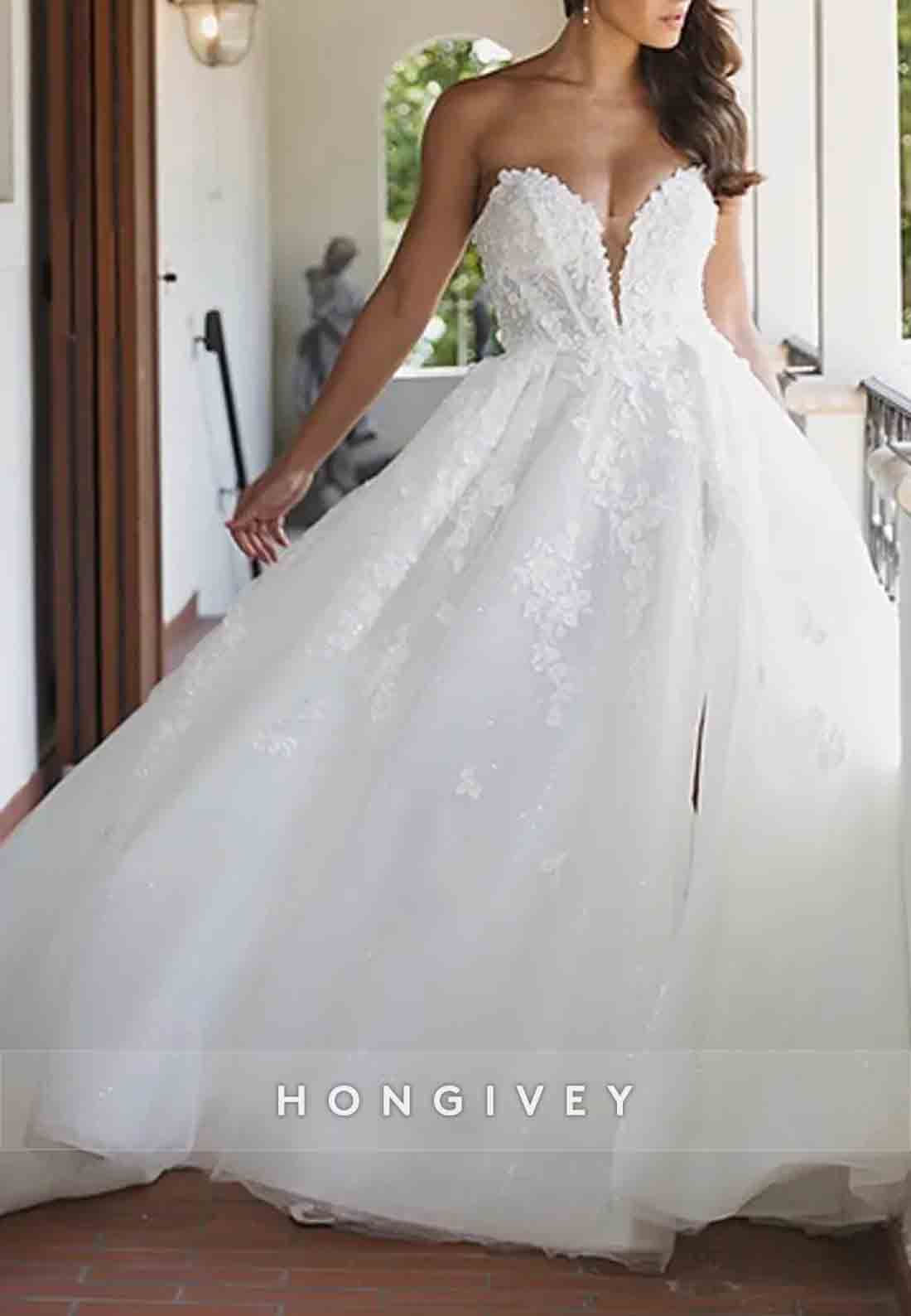 Sweetheart Strapless A-Line Appliqued Pearls Tulle Sweep Train Wedding Dresses