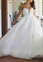 Sweetheart Strapless A-Line Appliqued Pearls Tulle Sweep Train Wedding Dresses