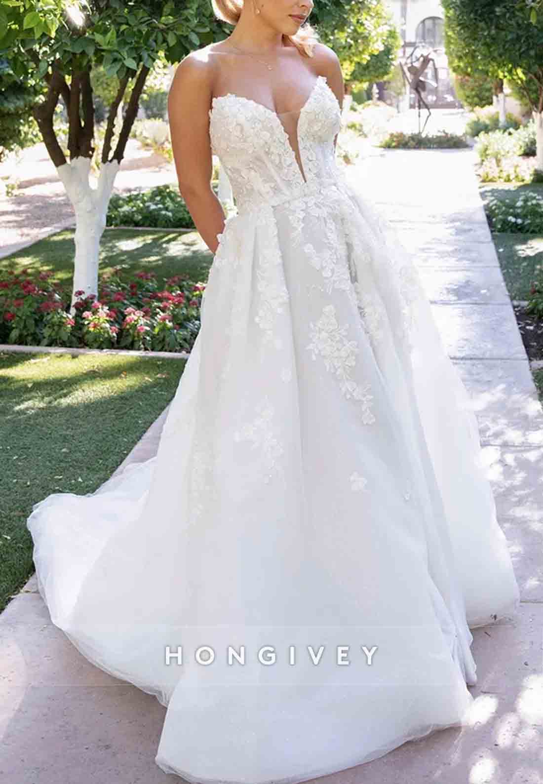 Sweetheart Strapless A-Line Appliqued Pearls Tulle Sweep Train Wedding Dresses