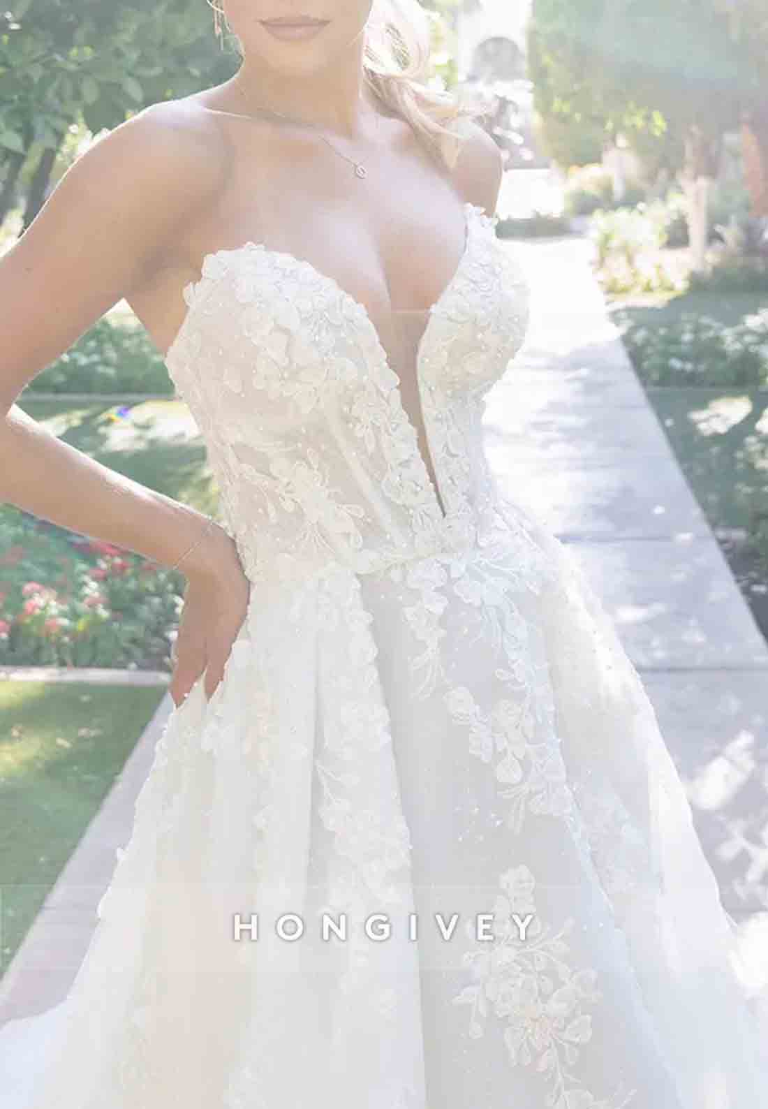 Sweetheart Strapless A-Line Appliqued Pearls Tulle Sweep Train Wedding Dresses