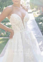 Sweetheart Strapless A-Line Appliqued Pearls Tulle Sweep Train Wedding Dresses