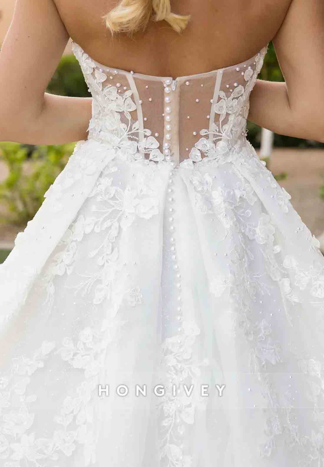 Sweetheart Strapless A-Line Appliqued Pearls Tulle Sweep Train Wedding Dresses