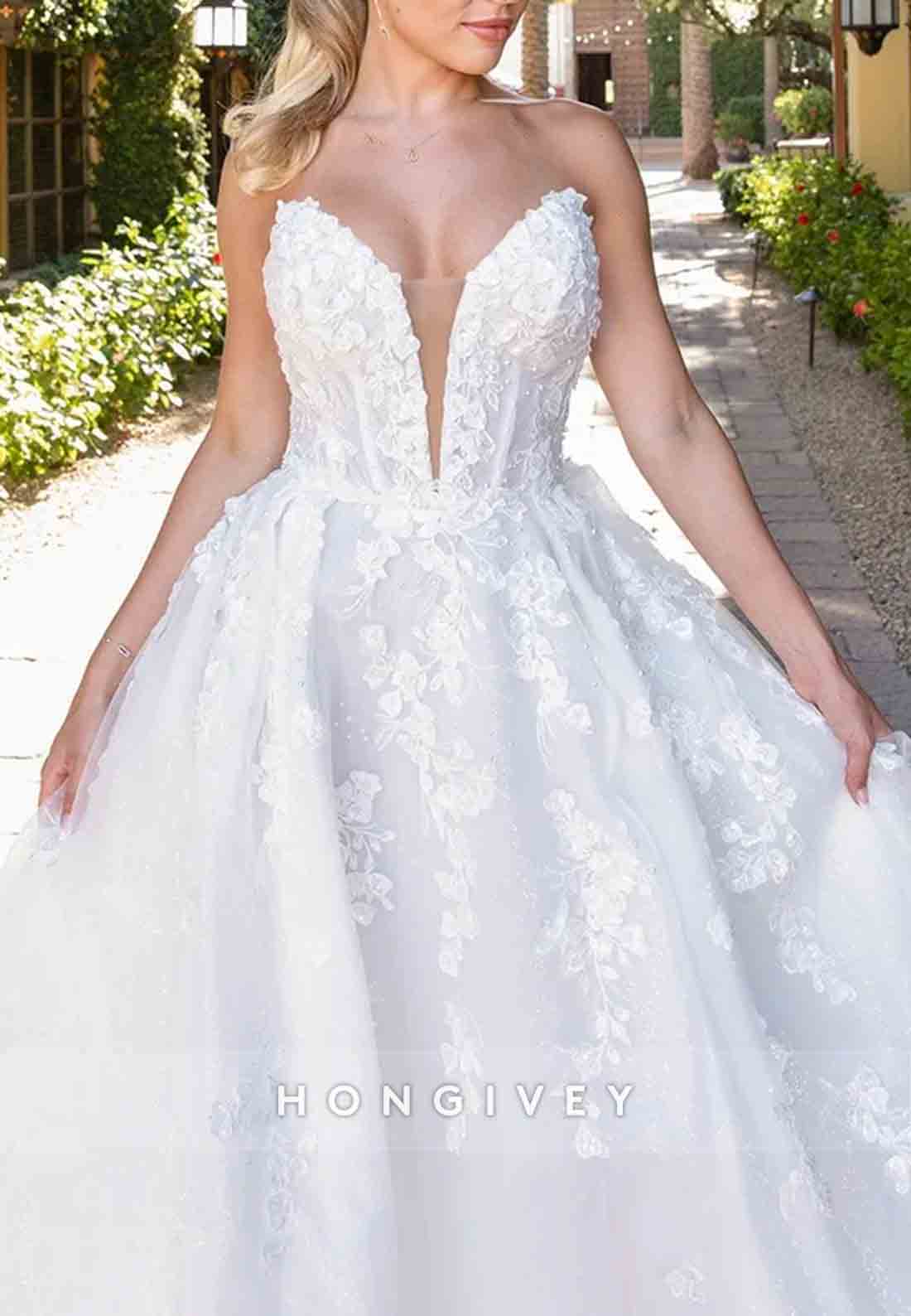Sweetheart Strapless A-Line Appliqued Pearls Tulle Sweep Train Wedding Dresses