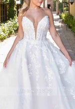 Sweetheart Strapless A-Line Appliqued Pearls Tulle Sweep Train Wedding Dresses