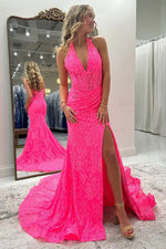 Mermaid Halter Corset Slit Pink Prom Dress with Lace Appliques