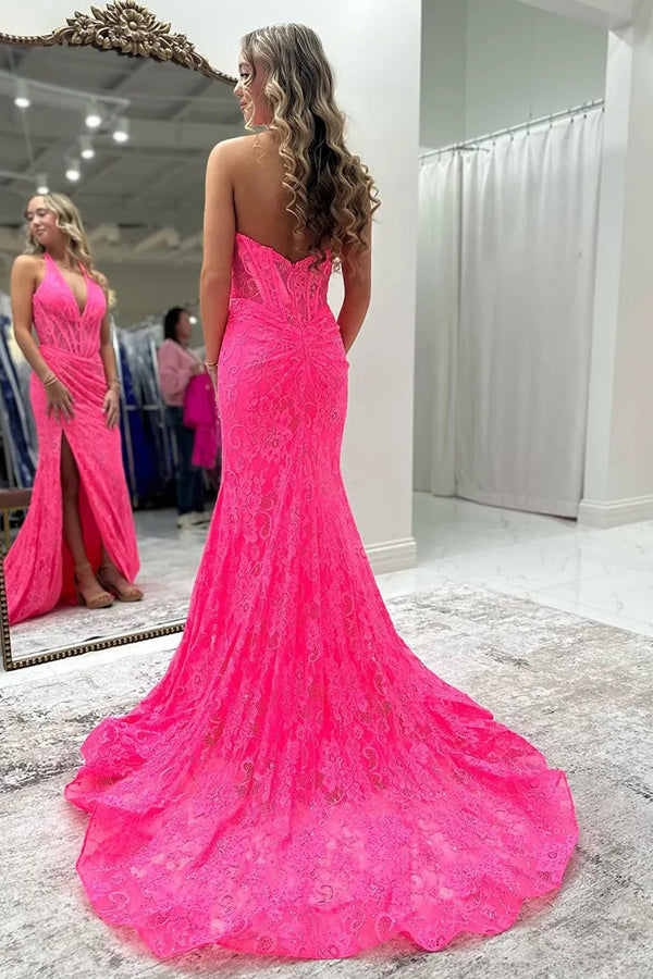 Mermaid Halter Corset Slit Pink Prom Dress with Lace Appliques