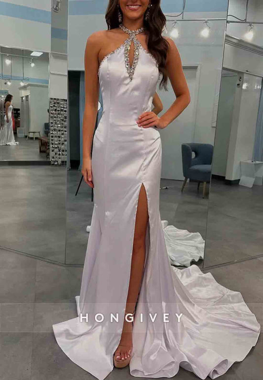 Satin Halter Neck Court Train Mermaid Long Cut out Back Beaded Prom Gowns