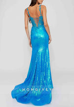 Shoulder Flower Glitter Mermaid Prom Dresses Sequined Formal Dress