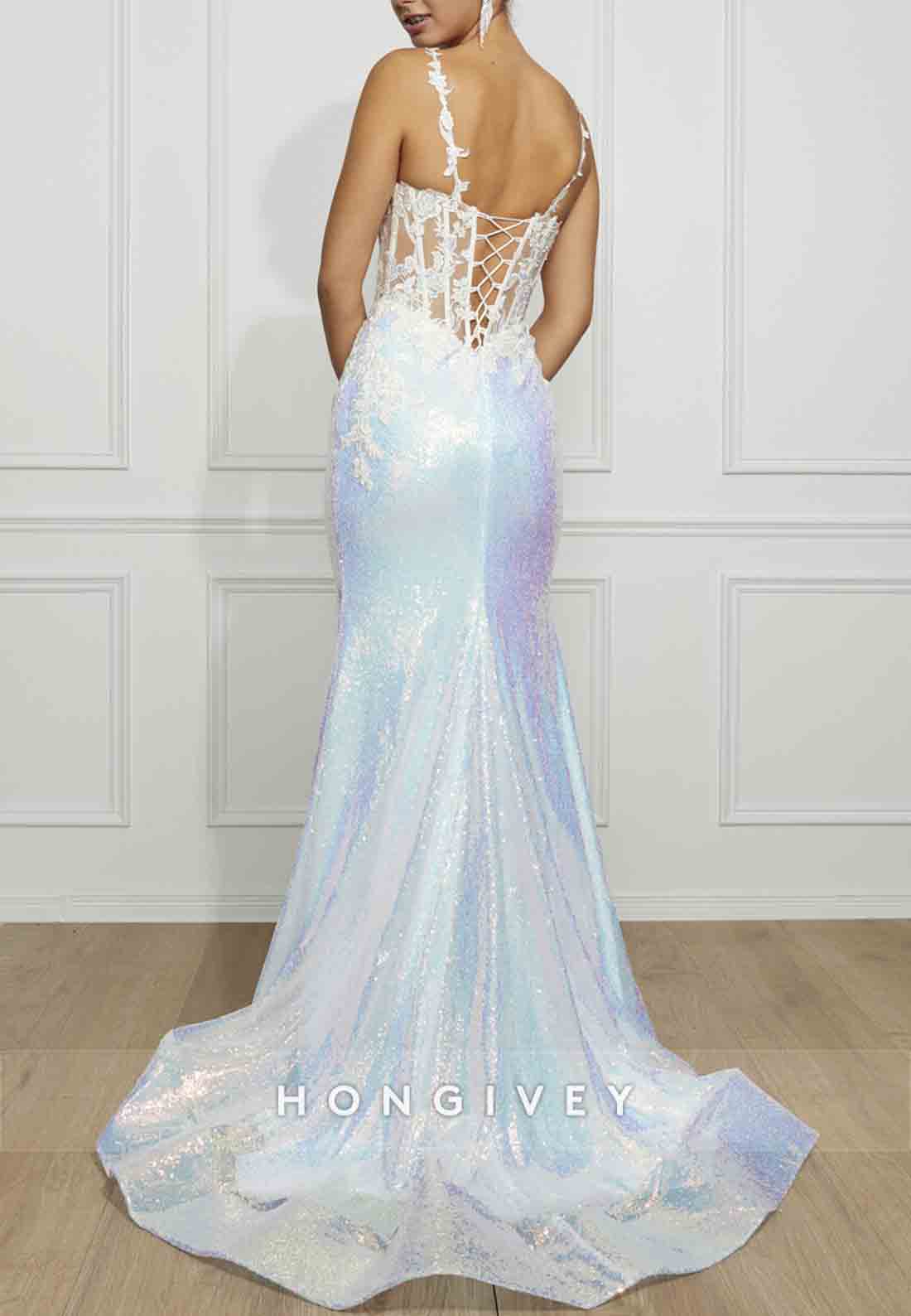 Shoulder Flower Glitter Mermaid Prom Dresses Sequined Formal Dress