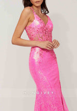Shoulder Flower Glitter Mermaid Prom Dresses Sequined Formal Dress
