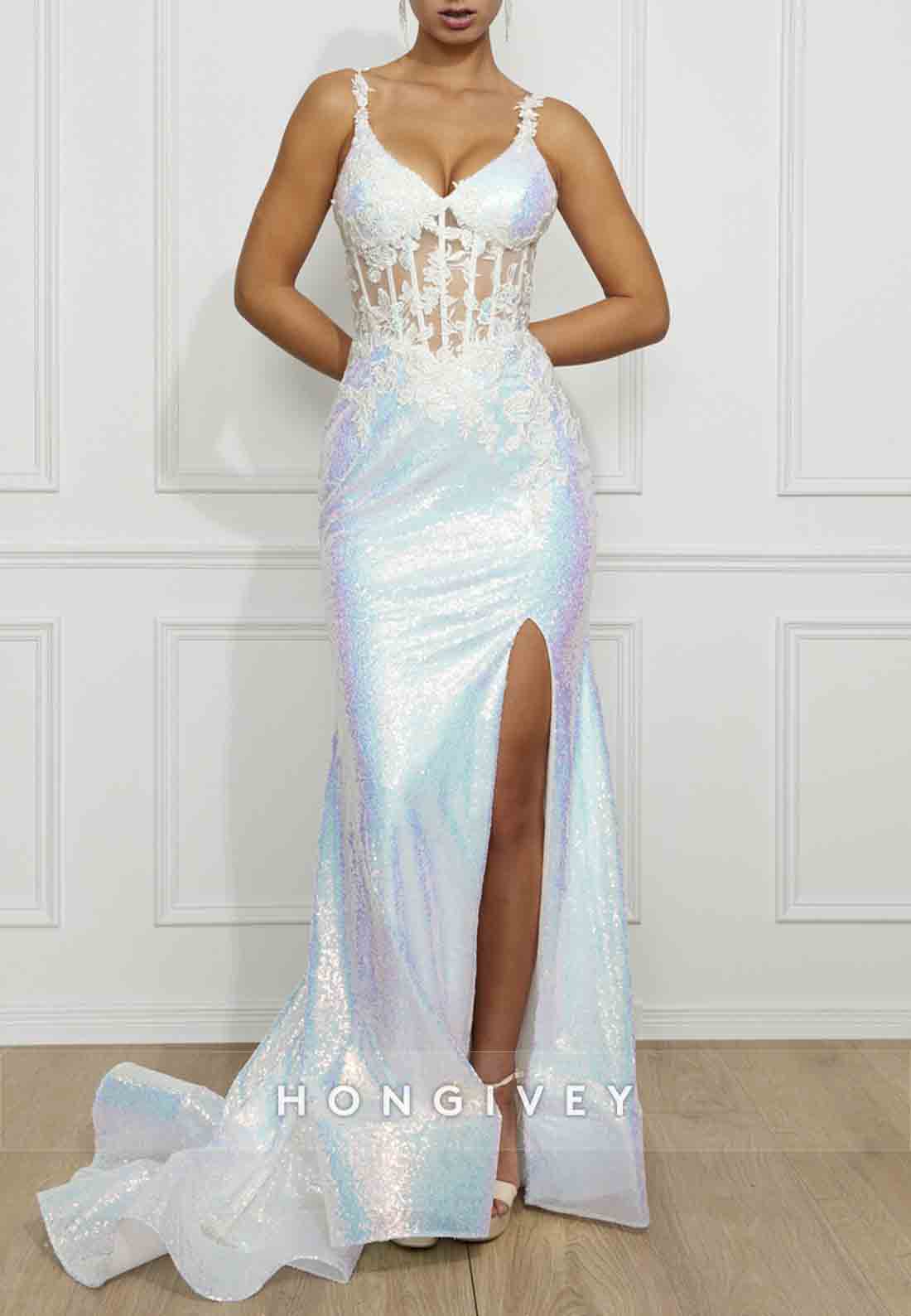 Shoulder Flower Glitter Mermaid Prom Dresses Sequined Formal Dress