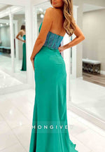 Hunter Green Satin Floor-Length Strapless Mermaid Prom Dress with Beading