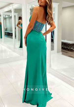 Hunter Green Satin Floor-Length Strapless Mermaid Prom Dress with Beading