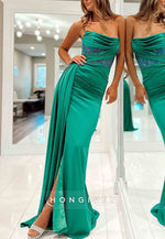 Hunter Green Satin Floor-Length Strapless Mermaid Prom Dress with Beading