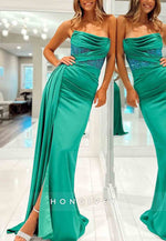 Hunter Green Satin Floor-Length Strapless Mermaid Prom Dress with Beading