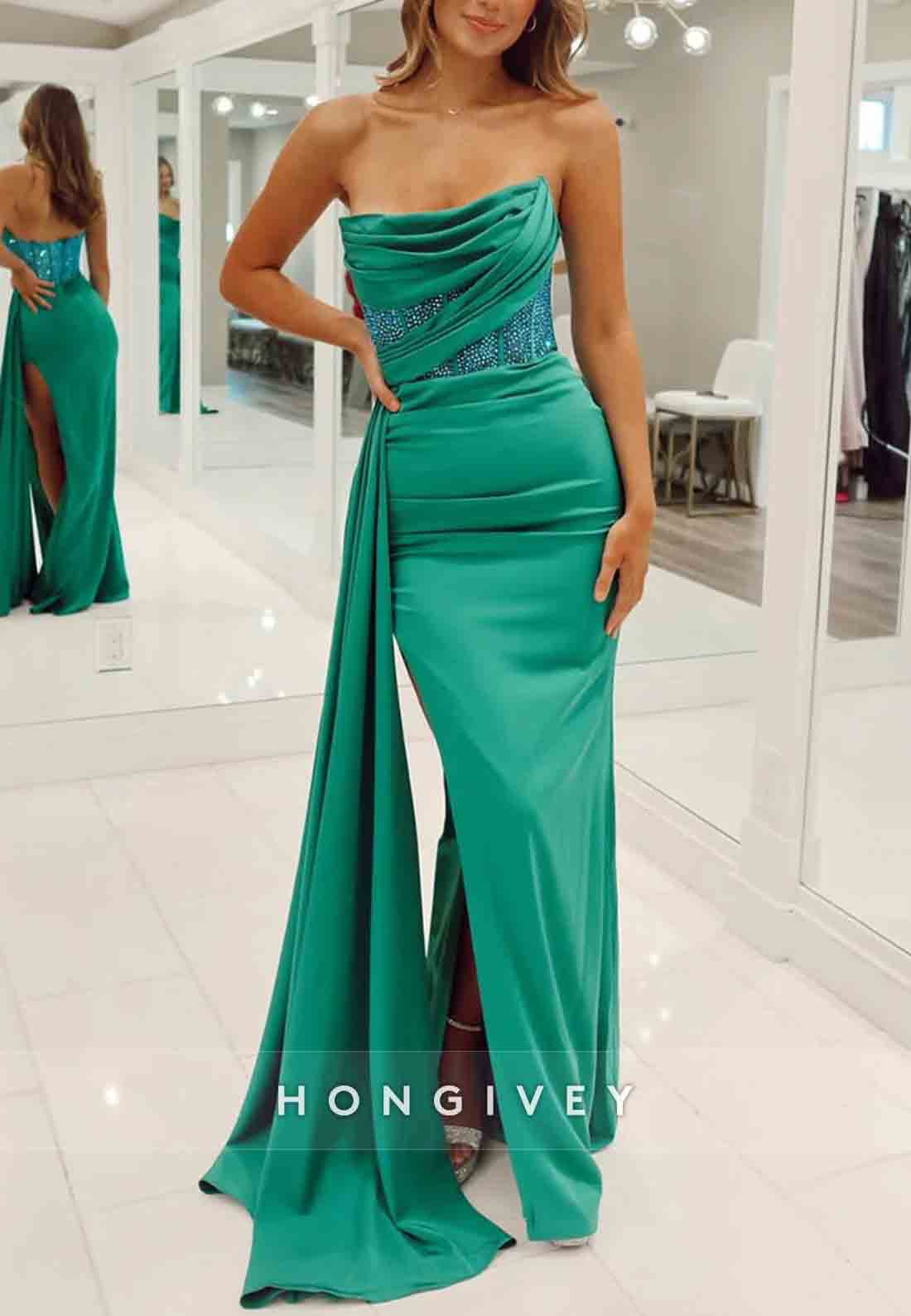Hunter Green Satin Floor-Length Strapless Mermaid Prom Dress with Beading