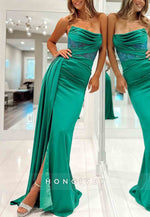 Hunter Green Satin Floor-Length Strapless Mermaid Prom Dress with Beading
