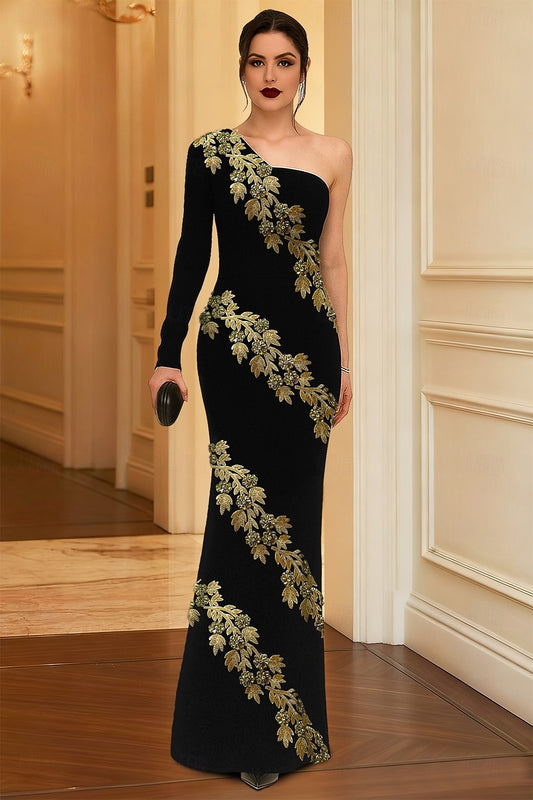 One Shoulder Long Sleeve Applique Mermaid Evening Dress
