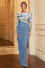 O-Neck Floral Print Long Sleeve Mermaid Side Slit Mother of the Bride Dress