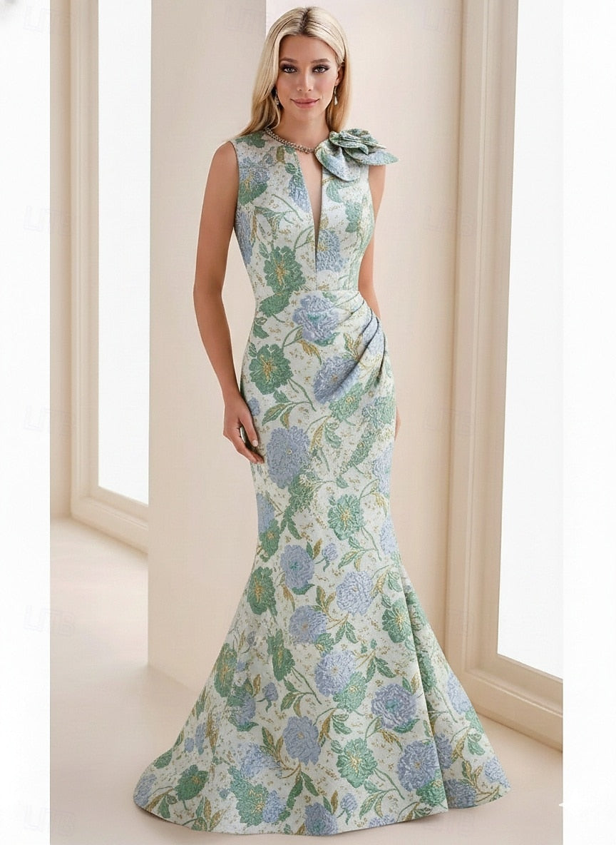 Applique Flowers Floral Print Sleeveless Mermaid Evening Dresss