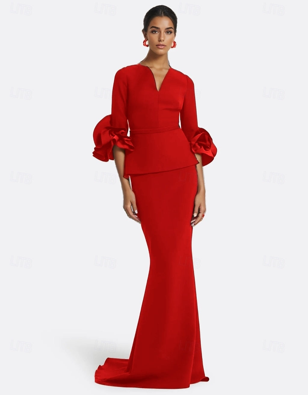 V-Neck Ruffle 3/4 Sleeve Mermaid Evening Gown Mother of the Bride Dress