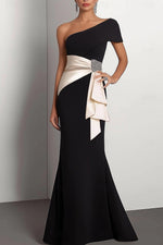 Black One Shoulder Half Sleeve Beaded Mermaid Evening Dress