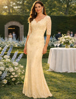 V-Neck 3/4 Sleeve Lace Applique Mermaid Formal Evening Dress