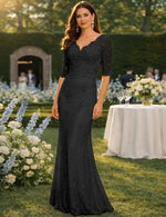 V-Neck 3/4 Sleeve Lace Applique Mermaid Formal Evening Dress