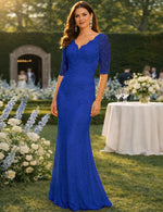 V-Neck 3/4 Sleeve Lace Applique Mermaid Formal Evening Dress