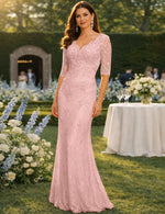 V-Neck 3/4 Sleeve Lace Applique Mermaid Formal Evening Dress