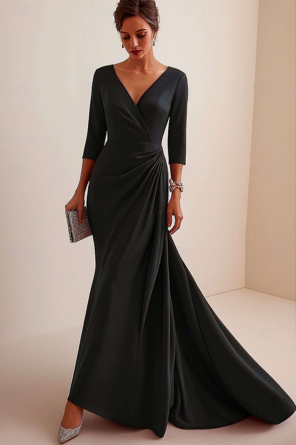 V-Neck 3/4 Sleeve Mermaid Floor-Length Women Evening Dress