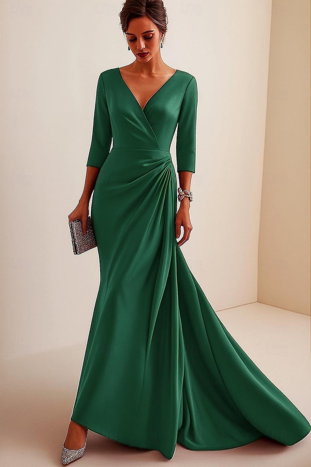 V-Neck 3/4 Sleeve Mermaid Floor-Length Women Evening Dress
