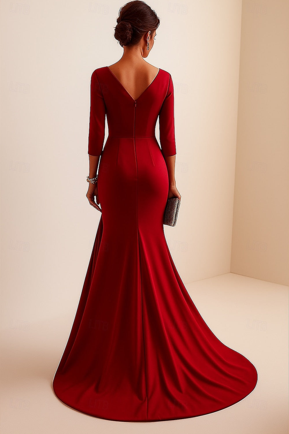 V-Neck 3/4 Sleeve Mermaid Floor-Length Women Evening Dress
