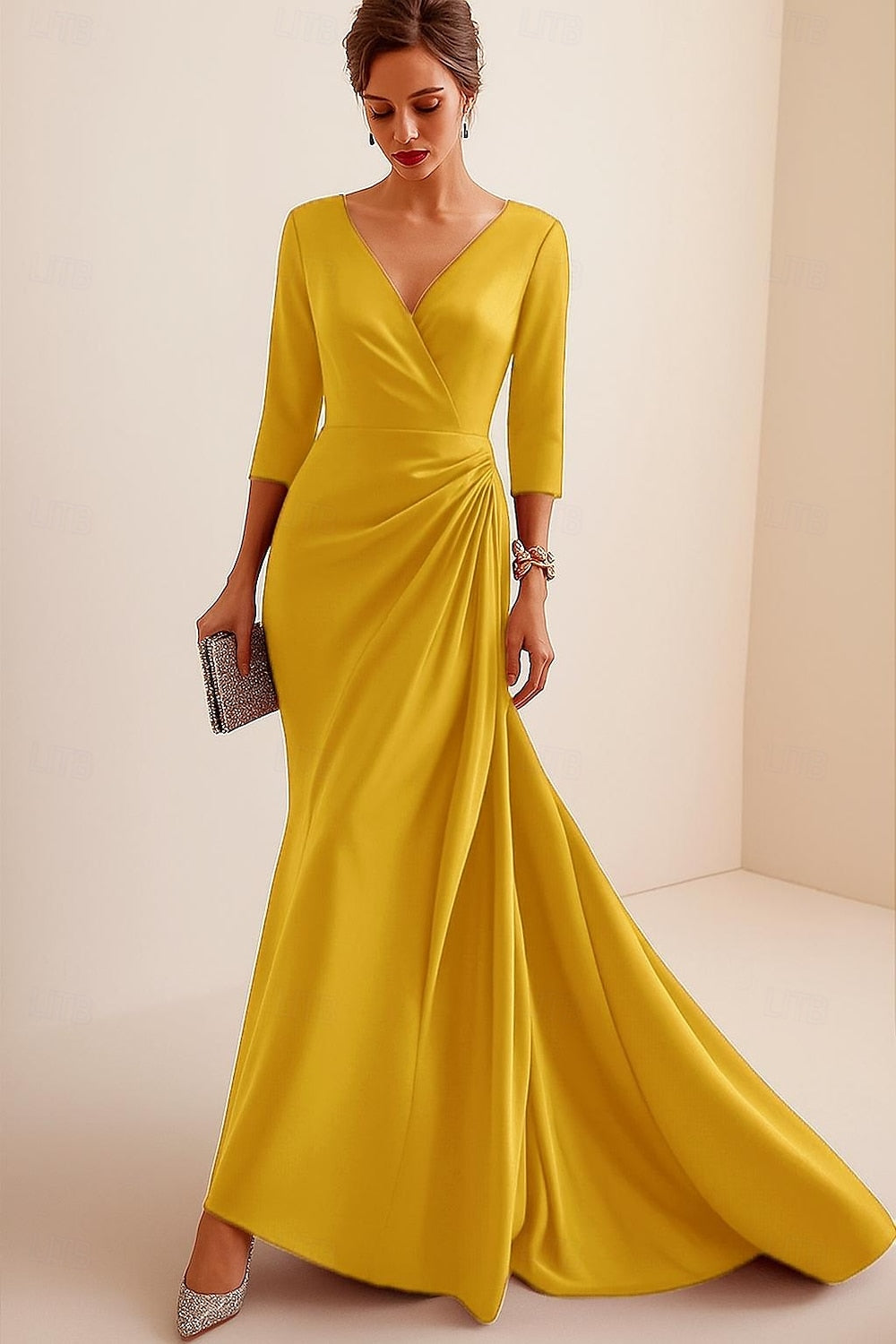 V-Neck 3/4 Sleeve Mermaid Floor-Length Women Evening Dress