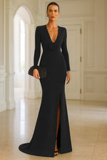 V-Neck Long Sleeve Flowers Mermaid Slit Formal Evening Dress