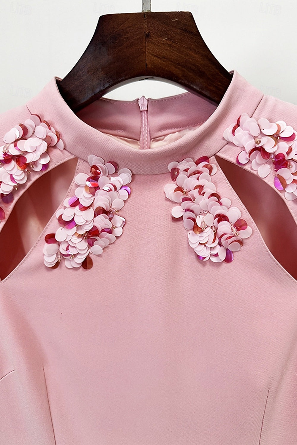 Pink Long Sleeve Sequins Mermaid Cut Outs Evening Dress