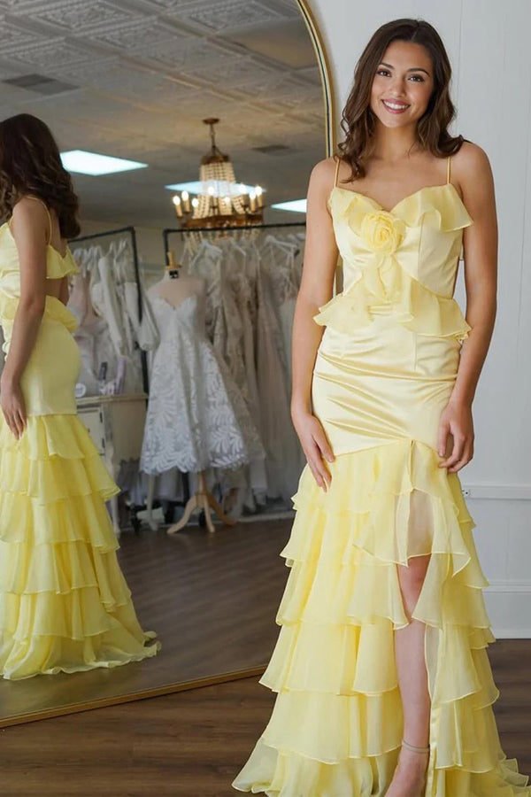 Mermaid V-Neck Ruffle Chiffon Yellow Flower Prom Dress