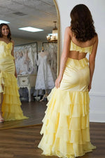 Mermaid V-Neck Ruffle Chiffon Yellow Flower Prom Dress