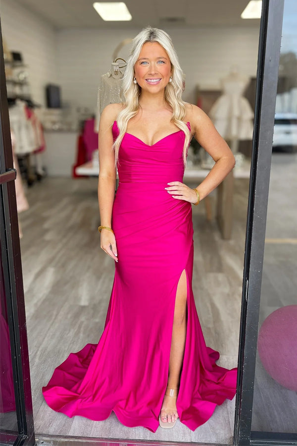 Mermaid V-neck Fuchsia Prom Dress Evening Dress With Slit