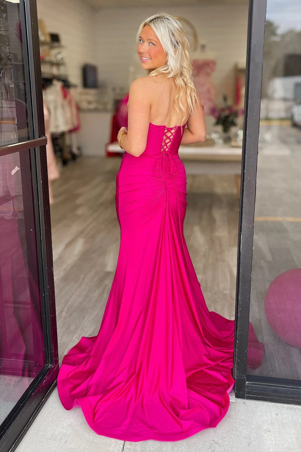 Mermaid V-neck Fuchsia Prom Dress Evening Dress With Slit