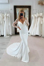 Mermaid V Neck Long Sleeves Lace Appliques Wedding Dress Bridal Gown