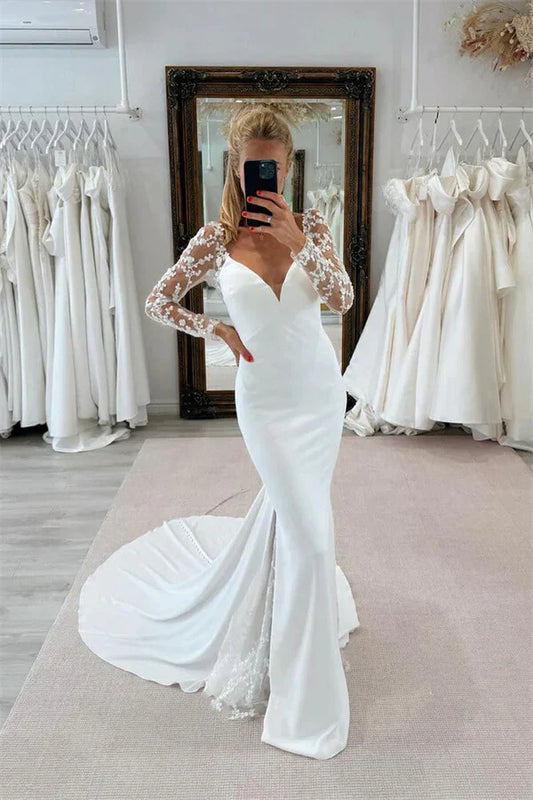 Mermaid V Neck Long Sleeves Lace Appliques Wedding Dress Bridal Gown