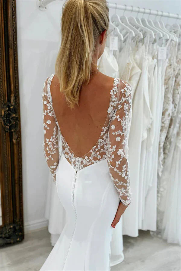 Mermaid V Neck Long Sleeves Lace Appliques Wedding Dress Bridal Gown
