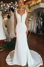 Mermaid V Neck Sweep Train Simple Wedding Dresses With Bow