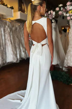 Mermaid V Neck Sweep Train Simple Wedding Dresses With Bow