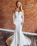 Sweetheart Mermaid Satin Wedding Dresses Beach Lace Long Sleeves Bride Wedding Gowns