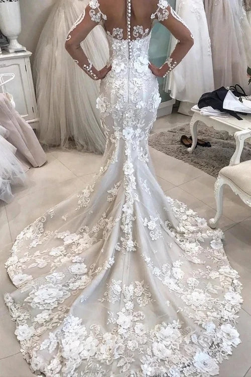 Mermaid Detachable Train Long Sleeves Scoop Wedding Dresses With Applique
