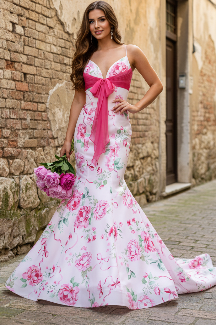 Mermaid Satin Floral Print Prom Dresses Long V Neck Evening Party Gowns for Women